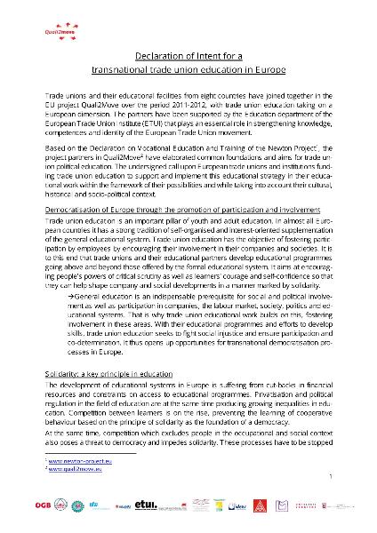 Absichtserklärung für eine transnationale gewerkschaftliche Bildung in Europa (englische Fassung)