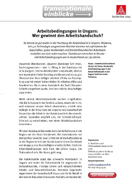 Arbeitsbedingungen in Ungarn: Wer gewinnt den Arbeitshandschuh? | Im Fokus: Kecskemét - Arbeitsbedingungen in der Automobilindustrie in der Region Südliche Große Tiefebene