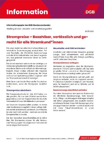 Strompreise - Bezahlbar, verlässlich und gerecht für alle Stromkund*innen. Informationspapier des DGB-Bundesvorstandes