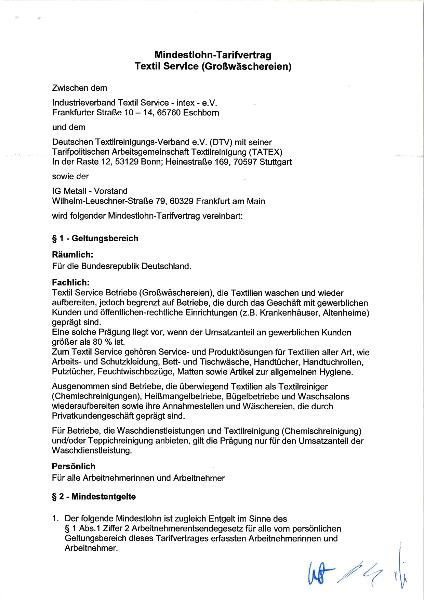 Mindestlohn-Tarifvertrag Textile Dienstleistung, 26.01.2009