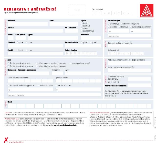 Editierbare IG Metall-Beitrittserklärung in albanischer Sprache
