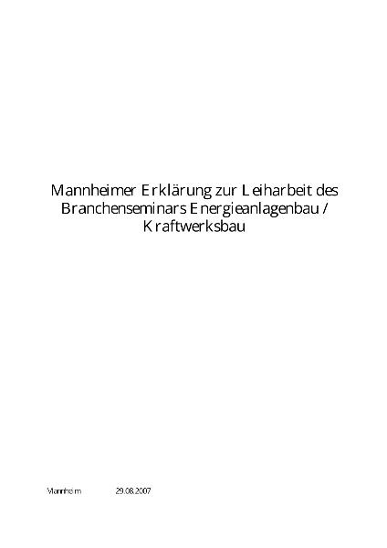 Mannheimer Erklärung zur Leiharbeit des Branchenseminars Energieanlagenbau / Kraftwerksbau