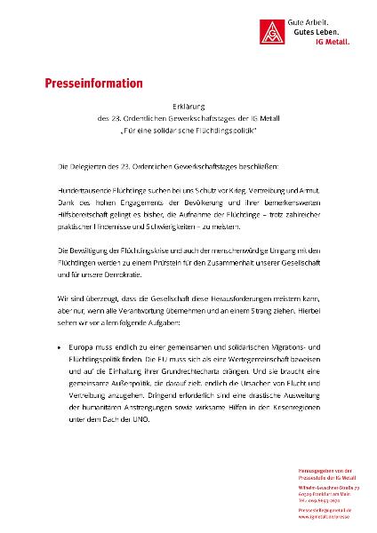 Erklärung des 23. Ordentlichen Gewerkschaftstages der IG Metall 