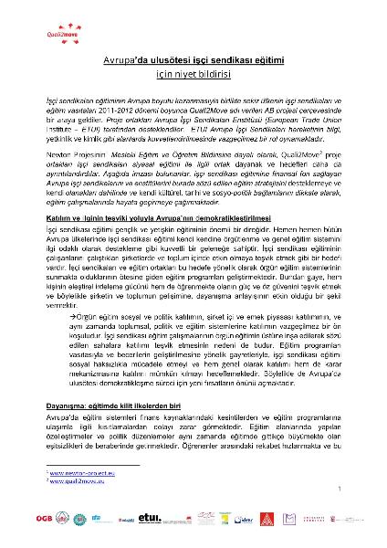 Absichtserklärung für eine transnationale gewerkschaftliche Bildung in Europa (türkische Fassung)