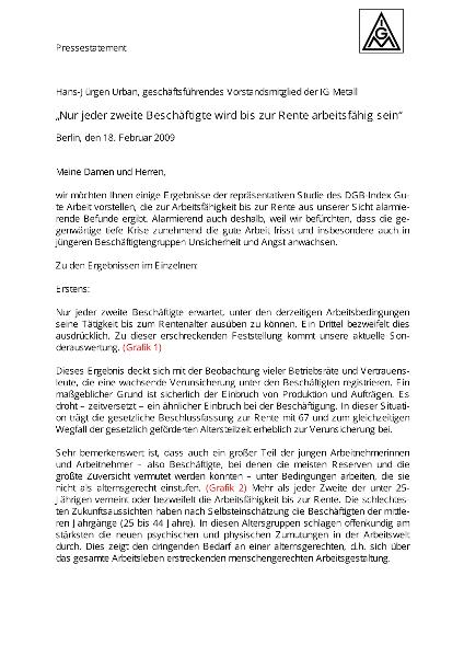 Hans Jürgen Urban: Pressestatement zur Pressekonferenz DGB-Index Gute Arbeit: Nur jeder zweite Beschäftigte wird bis zur Rente arbeitsfähig sein