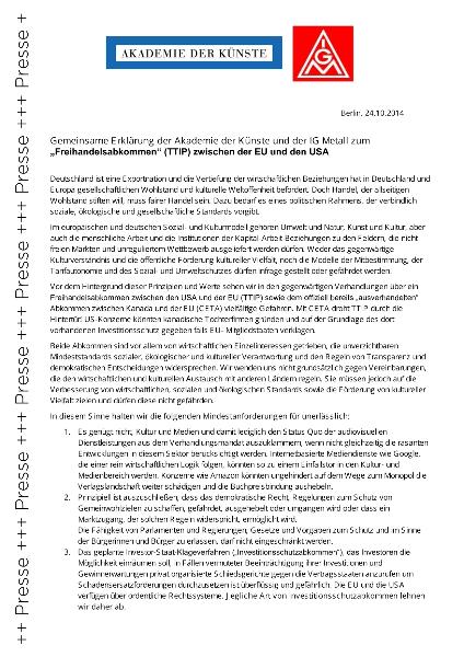 Gemeinsame Erklärung der Akademie der Künste und der IG Metall zum „Freihandelsabkommen“ (TTIP) zwischen der EU und den USA