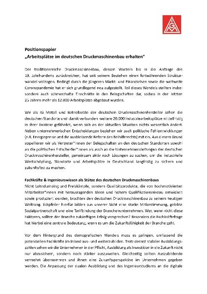 Positionspapier: „Arbeitsplätze im deutschen Druckmaschinenbau erhalten“