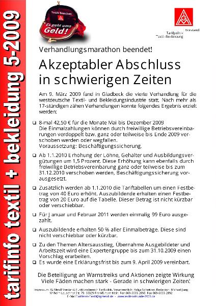 Akzeptabler Abschluss in schwierigen Zeiten, Tarifinfo Textil-Bekleidung 5/2009