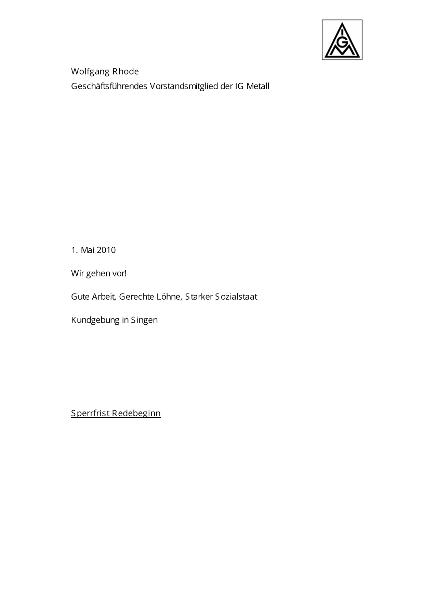 Wolfgang Rhode: Wir gehen vor! Gute Arbeit. Gerechte Löhne. Starker Sozialstaat. - Kundgebung in Singen am 01. Mai 2010