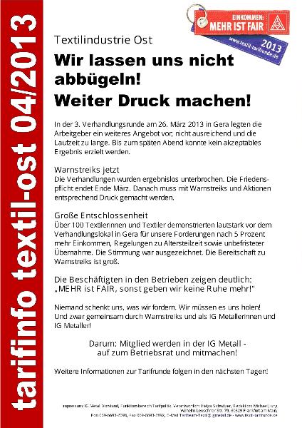 Textilindustrie Ost: Wir lassen uns nicht abbügeln! Weiter Druck machen!, Tarifinfo Textil-Ost 04/2013