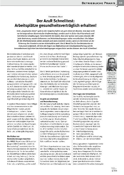 Der AzuR Schnelltest: Arbeitsplätze gesundheitsverträglich erhalten! Gute Arbeit 9/2010