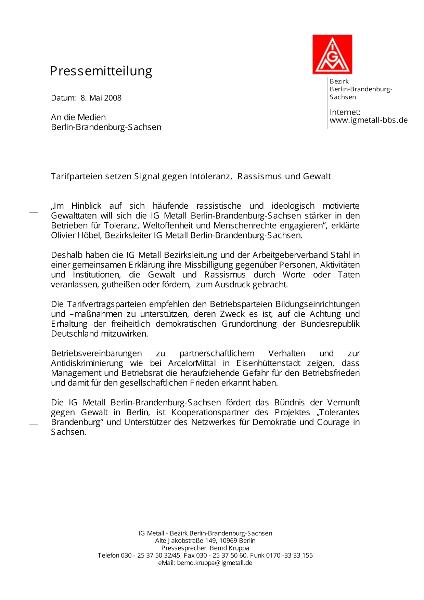 Pressemitteilung IG Metall Berlin-Brandenburg-Sachsen: Tarifparteien setzen Signal gegen Intoleranz, Rassismus und Gewalt, 8. Mai 2008