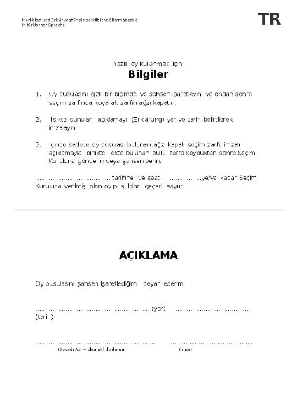 Yaz?l? oy kullanmak için - Bilgiler, Merkblatt und persönliche Erklärung zur Briefwahl, türkisch