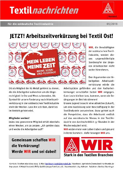 Jetzt! Arbeitszeitverkürzung bei Textil Ost!, tarifinfo – textilindustrie ost 05/2018