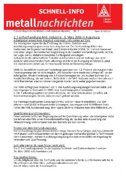 Bezirk Bayern: Arbeitgeber haben erneut kein Angebot vorgelegt und spielen auf Zeit, 06.03.2006