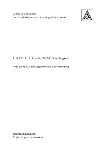 Hans-Jürgen Urban: 1. Mai 2018: Solidarität, Vielfalt, Gerechtigkeit, Mairede Hamburg