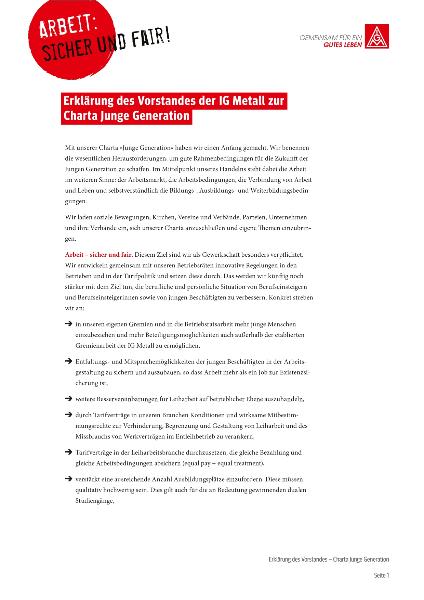 Erklärung des Vorstandes der IG Metall zur Charta Junge Generation