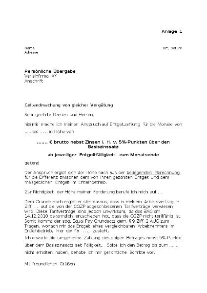 Musterschreiben zur Geltendmachung von gleicher Vergütung für Leiharbeiter