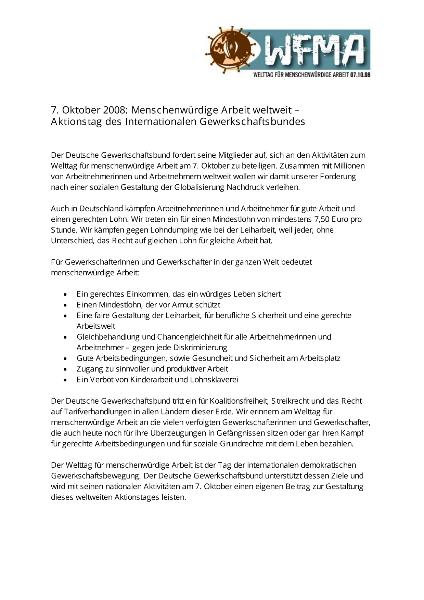 Aufruf: 7. Oktober 2008 - Menschenwürdige Arbeit weltweit, Aktionstag des Internationalen Gewerkschaftsbundes