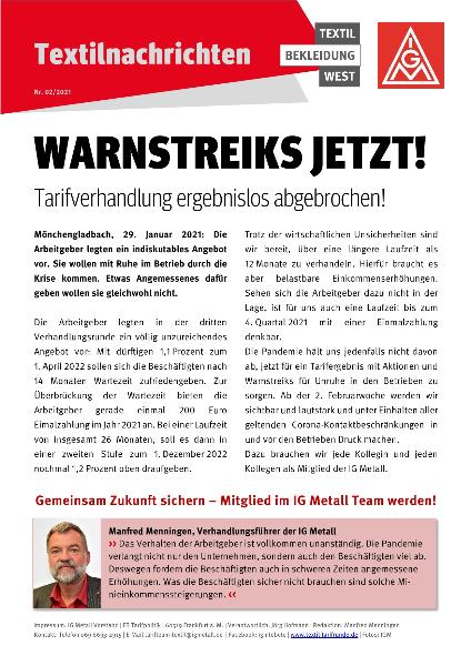 Warnstreiks jetzt! - Tarifverhandlung ergebnislos abgebrochen, Textilnachrichten Textil Bekleidung West 02/2021
