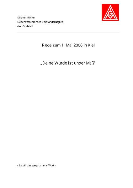 Kirsten Rölke: Deine Würde ist unser Maß - Rede am 01. Mai 2006 in Kiel