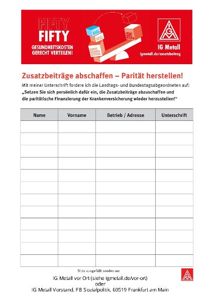 Unterschriftenliste, Aktion Zusatzbeitrag gesetzliche Krankenkasse