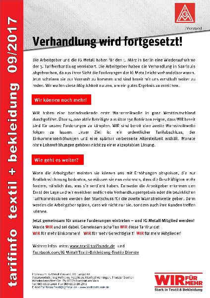 Verhandlung wird fortgesetzt!, Tarifinfo Textil + Bekleidung 09/2017