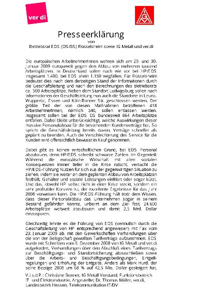 EDS Pressemitteilung von Betriebsrat, verdi und IG Metall - 28.01.2009