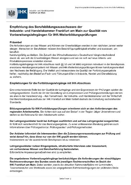 Empfehlung des Berufsbildungsausschusses der Industrie- und Handelskammer Frankfurt am Main zur Qualität von Vorbereitungslehrgängen für IHK-Weiterbildungsprüfungen