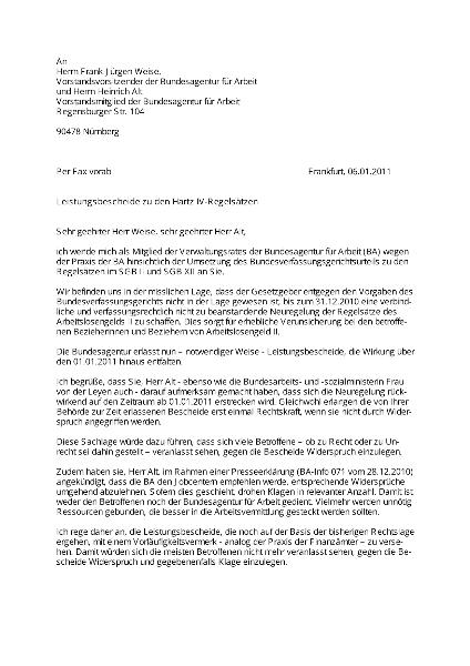 Leistungsbescheide zu den Hartz IV-Regelsätzen, Schreiben von Hans-Jürgen Urban an die Bundesagentur für Arbeit