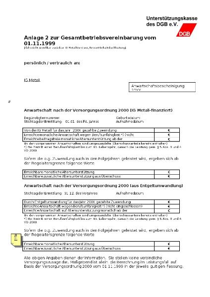 Muster Versorgungsbescheinigung Unterstützungskasse des DGB e.V.