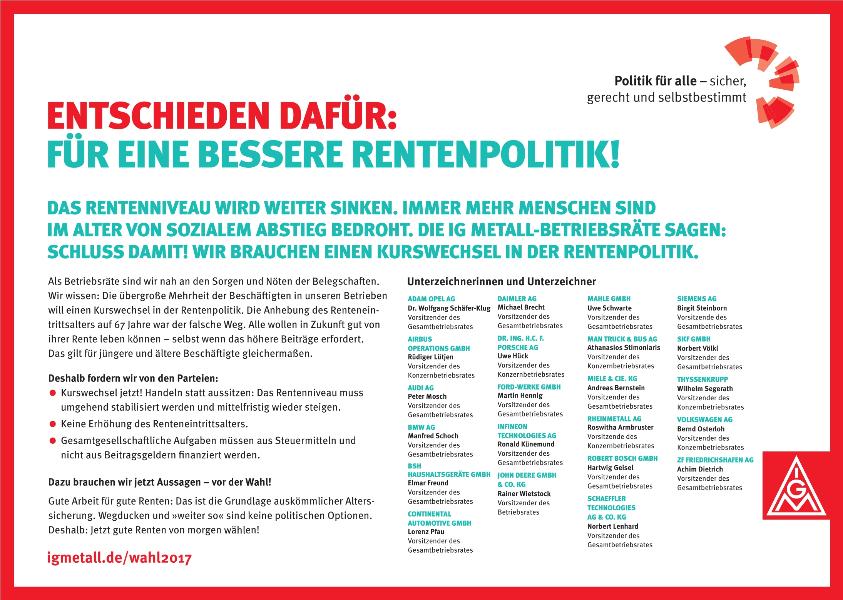 Zeitungsanzeige zur Rentenpolitik/Bundestagswahl 2017 in Frankfurter Allgemeinen Zeitung vom 13. September 2017