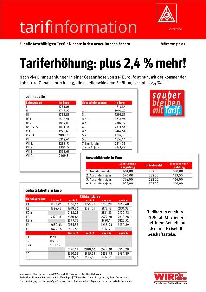 Tariferhöhung in den Textilen Diensten: plus 2,4 % mehr!, tarifinformation für alle Beschäftigten Textile Dienste in den neuen Bundesländern Nr. 1 / März 2017