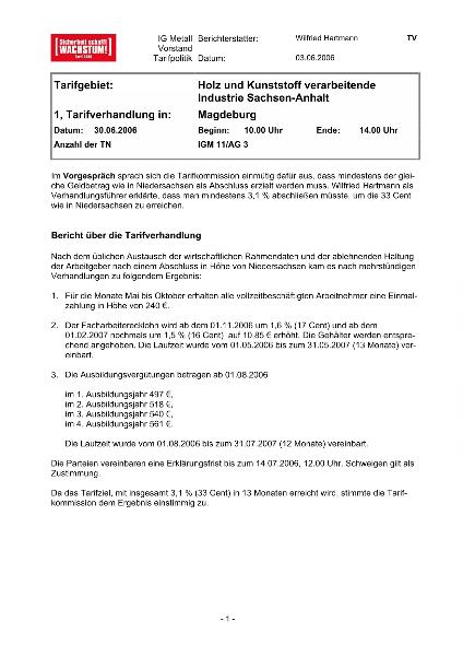 H+K 30.06.2006 Tarifbericht 1. Tarifverhandlung Sachsen-Anhalt