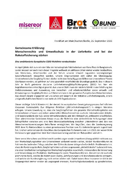 Gemeinsame Erklärung: Menschenrechte und Umweltschutz in der Lieferkette und bei der Rohstoffsicherung stärken