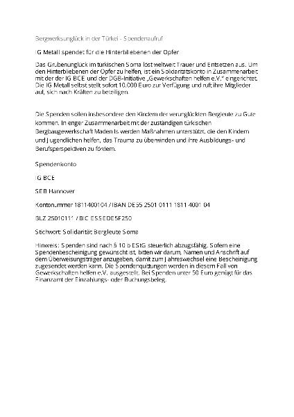 Spendenaufruf der IG Metall für die Opfer des Bergwerksunglücks im türkischen Soma
