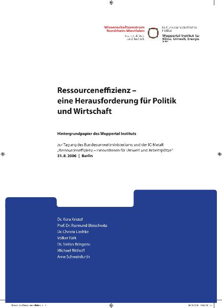 Ressourceneffizienz - eine Herausforderung für Politik und Wirtschaft, Hintergrundpapier des Wuppertal Instituts, Berlin, 31.8.2006