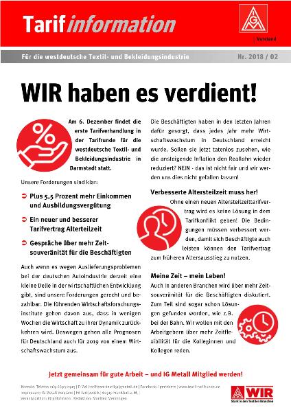 WIR haben es verdient!, Tarifinformation für die westdeutsche Textil- und Bekleidungsindustrie Nr. 2/2018