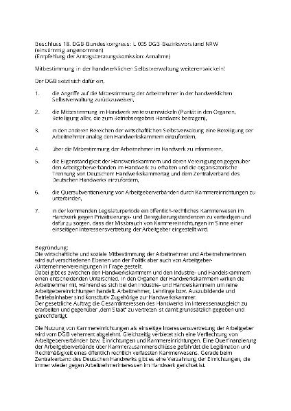 Beschluss DGB-Bundeskongress: Bundesvorstand NRW / Mitbestimmung im Handwerk