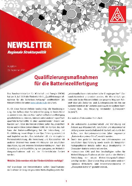 Qualifizierungsmaßnahmen für die Batteriezellfertigung, Newsletter Regionale Strukturpolitik Nr. 4, 06.09.2021