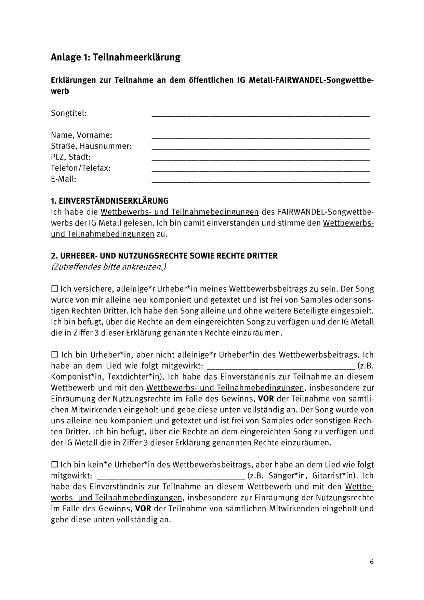 FairWandel-Songwettbewerb: Teilnahmeerklärung (Anlage 1)