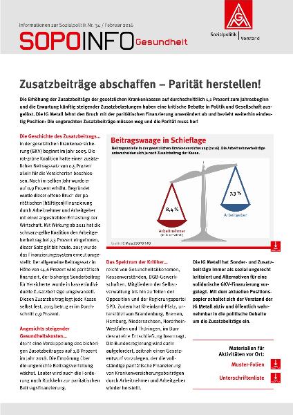Zusatzbeiträge abschaffen - Parität herstellen!, SoPoInfo Gesundheit, Informationen zur Sozialpolitik Nr. 34 / Februar 2016