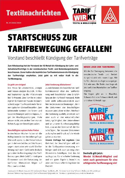 Startschuss zur Tarifbewegung gefallen!, Textilnachrichten Textil Bekleidung West Nr. 01/2022/2023