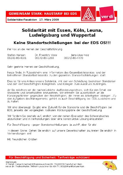 Gemeinsam stark: Haustarif bei EDS. Solidaritäts-Faxaktion 17. März 2009