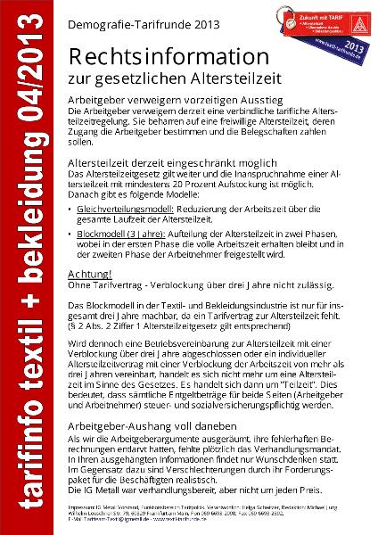 Rechtsinformationen zur gesetzlichen Altersteilzeit, Tarifinfo Textil + Bekleidung 04/2013