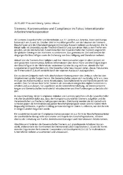 Presseerklärung Siemens: Konzernumbau und Compliance im Fokus internationaler Arbeitnehmerkooperation, 26.10.2007