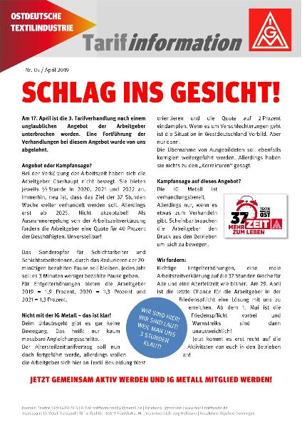 Schlag ins Gesicht!, Tarifinformation Ostdeutsche Textilindustrie 05/2019