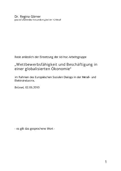 Regina Görner: Wettbewerbsfähigkeit und Beschäftigung in einer globalisierten Ökonomie. Europäischer Sozialer Dialog. 02.06.2010 in Brüssel