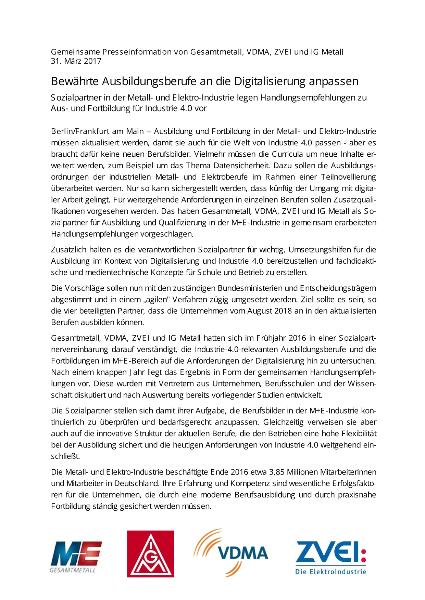 Gemeinsame Presseinformation von Gesamtmetall, VDMA, ZVEI und IG Metall - Bewährte Ausbildungsberufe an die Digitalisierung anpassen