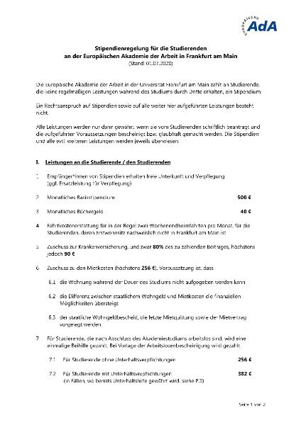Stipendienregelung für die Studierenden an der Europäischen Akademie der Arbeit in Frankfurt am Main